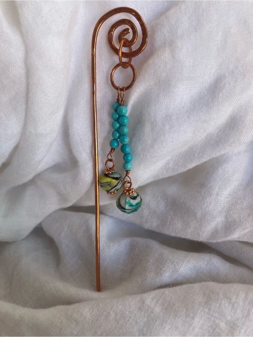 Copper Spiral Hair Stick with Turquoise and vintage glass lamp work Beads